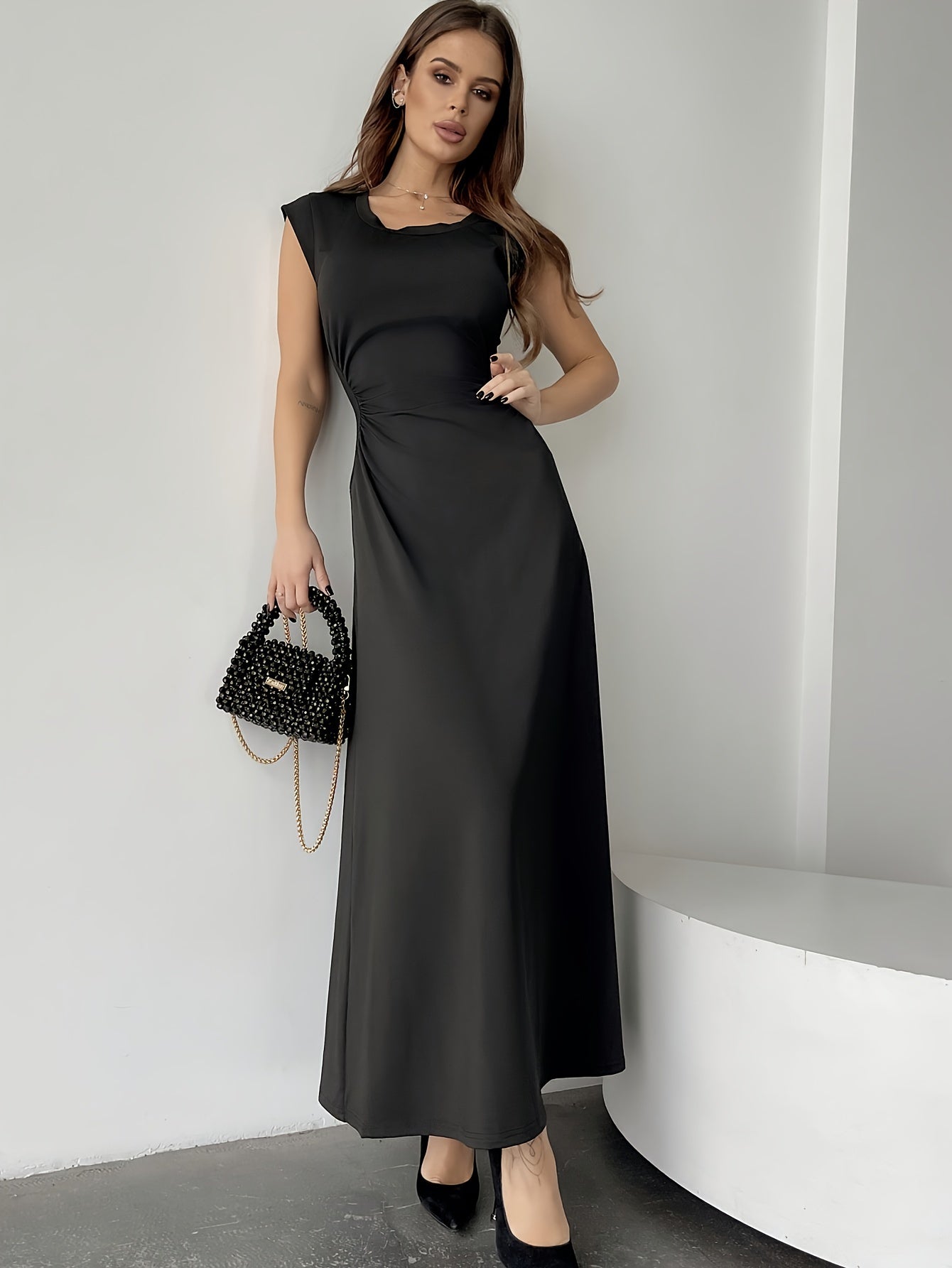 Elegant Peplum Maxi Dress for Women - Polyester Blend, Crew Neck, Solid Color, Sleeveless, Woven Summer Dress