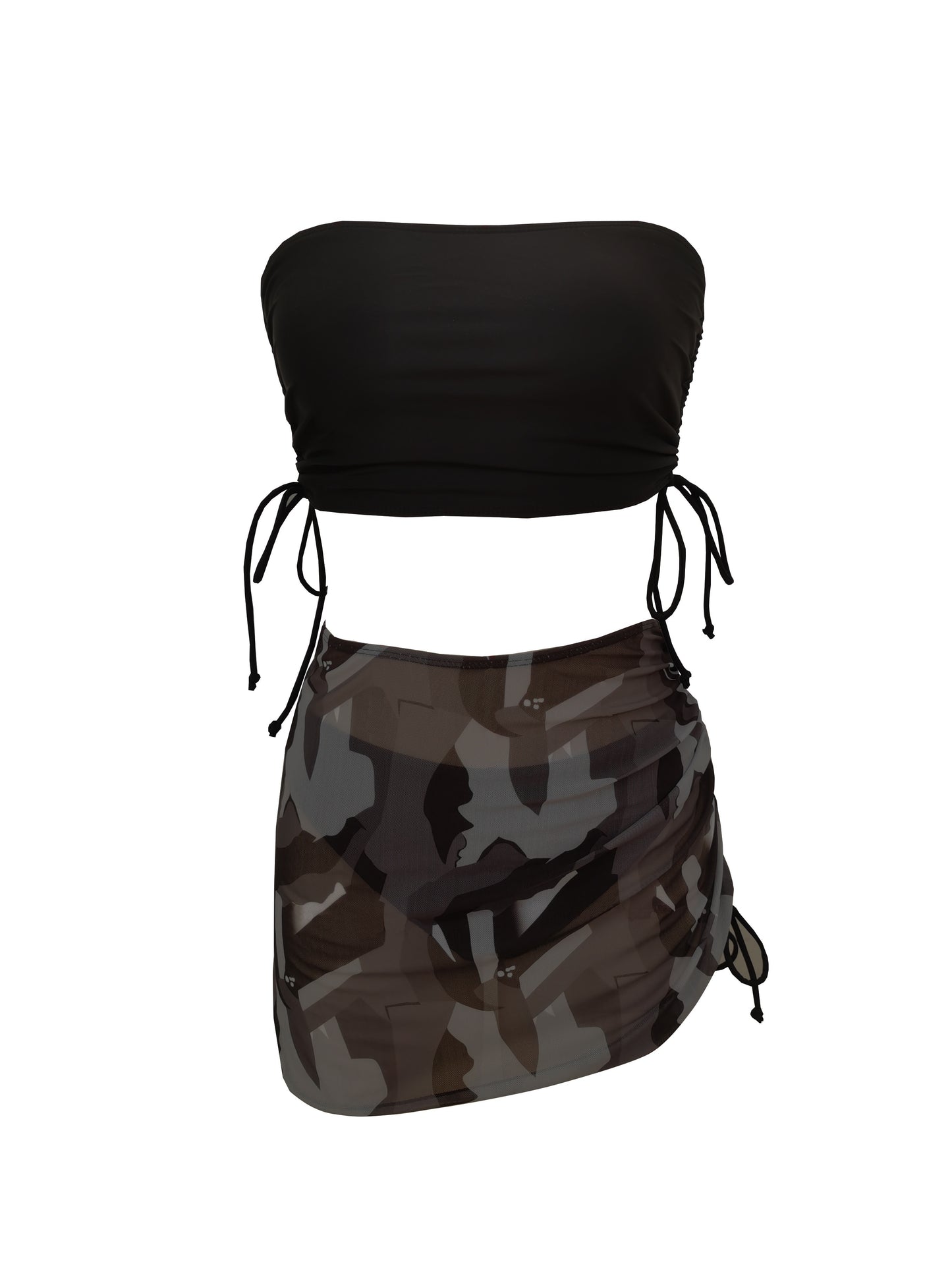 Black Solid Color Bikini Three-Piece Set with a Drawstring Sheer Skirt for Women