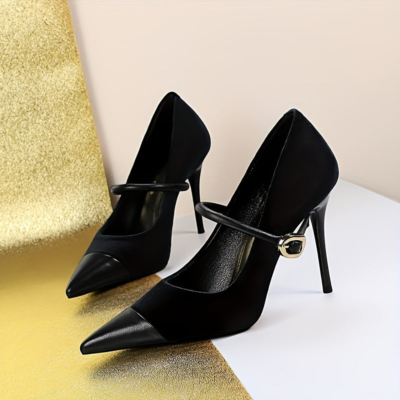 Women's Solid Color Stiletto Heels, Elegant Point Toe Dress Pumps, Fashion Buckle Strap Party Heels