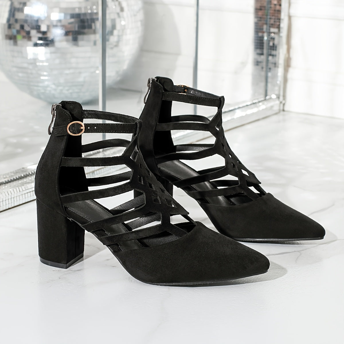 Chic Black Pointed-Toe High Heels for Women - Sexy Hollow-Out Design, Comfortable Chunky Heel Pumps with Velvet Upper & Rubber Sole
