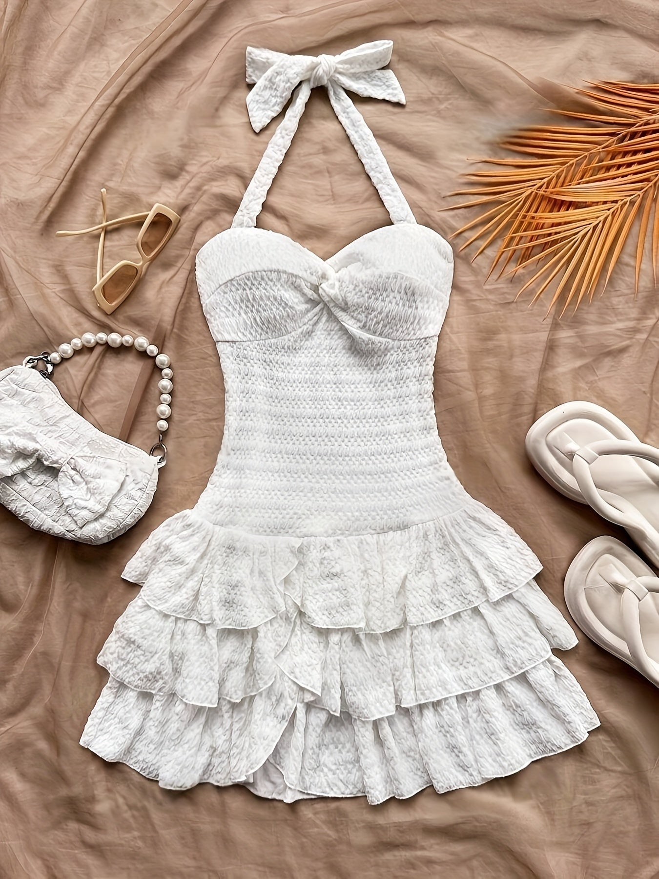 A Stylish And Elegant Summer Dress for Women, Featuring an Off-Shoulder Design with Elastic Ruffled Bodice, Tie Neck, Bow, And Layered Ruffled Skirt. This Mini Dress Can Be Worn for Holidays, Valentine'S Day, Christmas, Parti