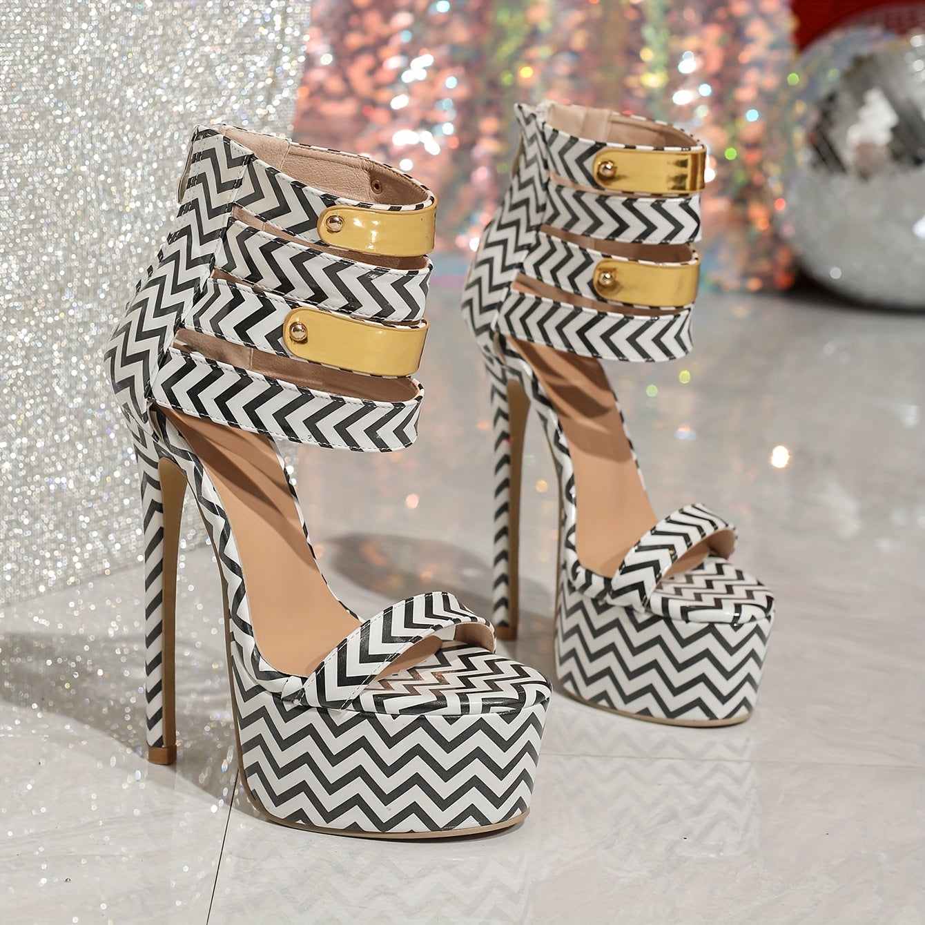Women's Black & White Chevron Pattern Stiletto Sandals with Golden Zipper Detail, Open Toe, 6.3inch High Heels, Fashion Platform Shoes, Sizes 35-42, Chic Event Footwear | Zipper Ankle Strap | Rubber Sole Stability