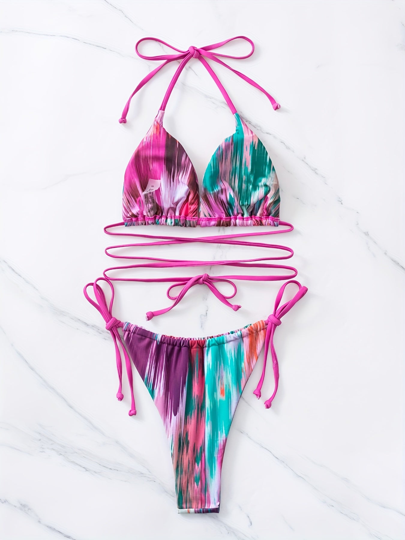 Two-Piece Multicolored Halter Neck Bikini Set - High Stretch, Lace-Up, Triangle Tie Back, Backless, High Cut, Random Print - Womens Swimwear & Clothing