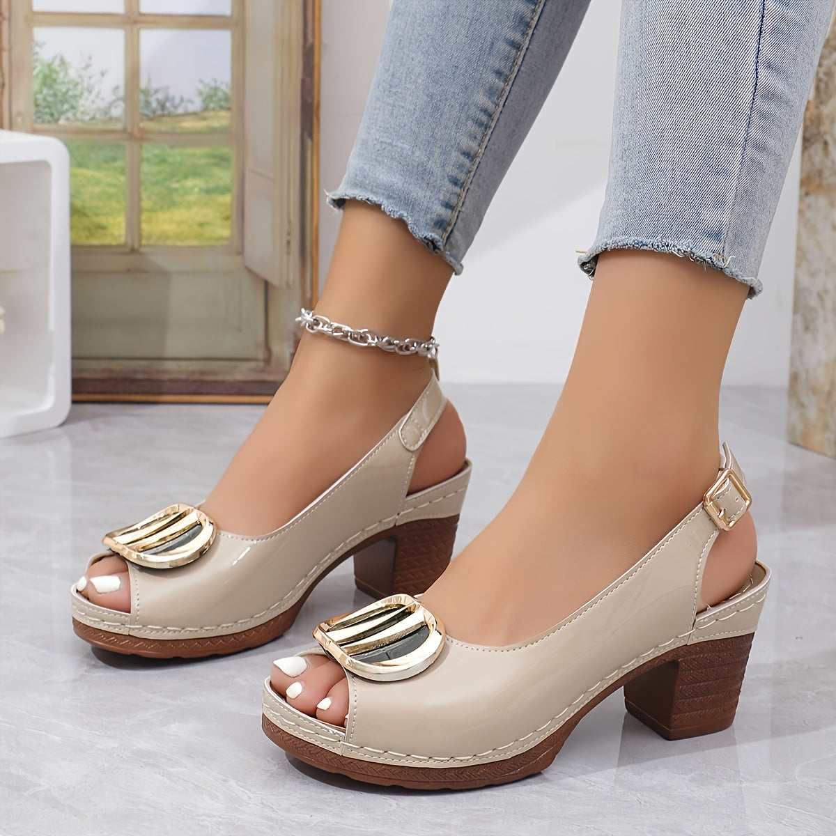 1 Pair Fashion Summer Sandals for Women, Solid Color Open Toe Block Heel Pumps with Buckle Closure, PU Upper/Inner/Sole/Insole, Versatile One-Strap High Heels for Dresses