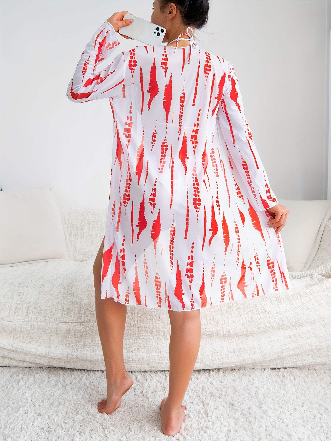 Women'S Strapless Bikini Set with Long Sleeve Cover-Up - High Stretch Polyester & Elastane, Random Print, Knit Fabric, Cross Strap Detail, Swimwear with Shorts Bottom, No Belt, 220g/m² Fabric Weight, 125g/m² Lining Weight