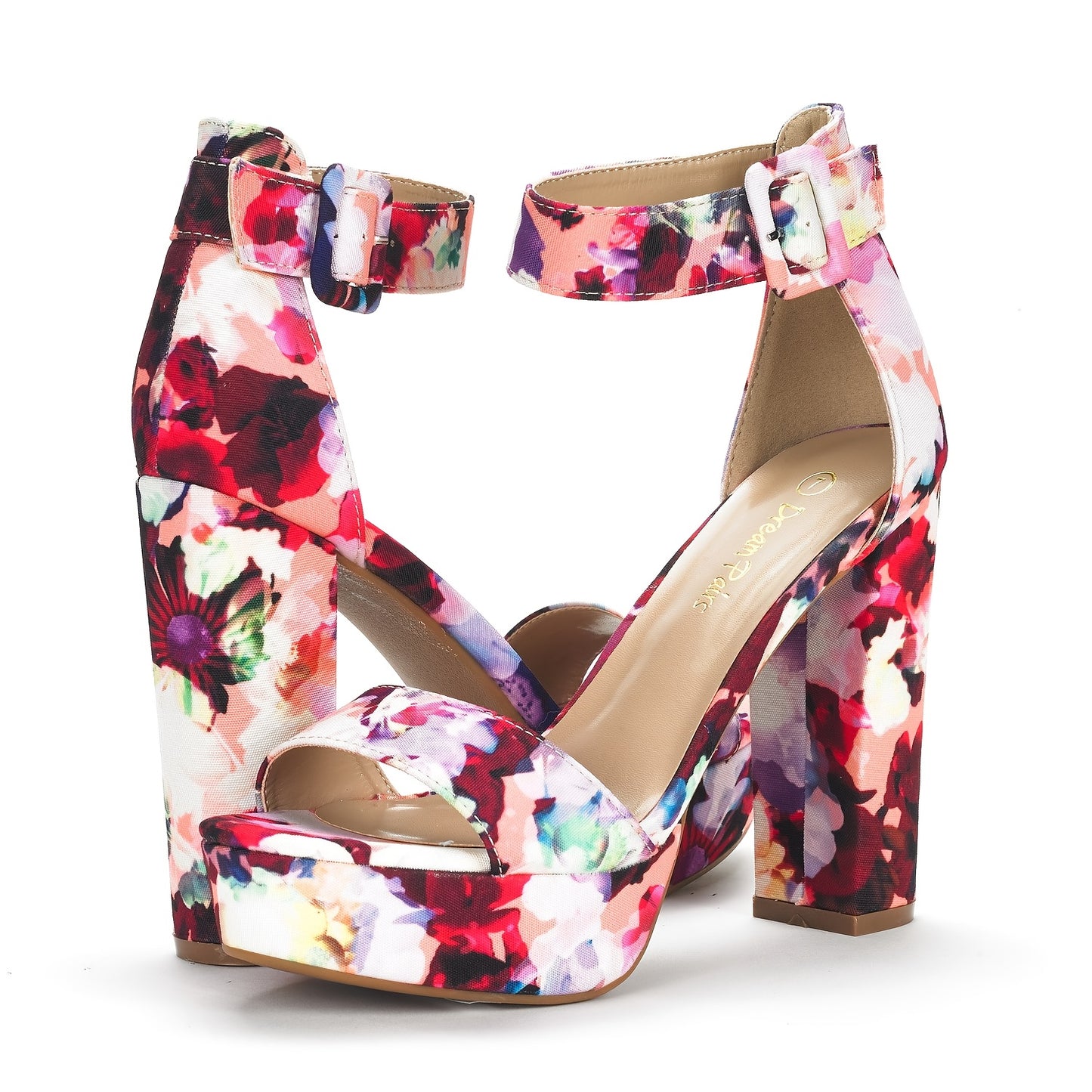 Women's Floral Print High Heel Sandals with Ankle Strap – Elegant Thick Heel Platform Pumps for Parties, Open Toe Design, Fabric Upper & TPR Sole, Hand Wash or Dry Clean, Elegant Sandals | Floral High Heels | Fabric Upper S