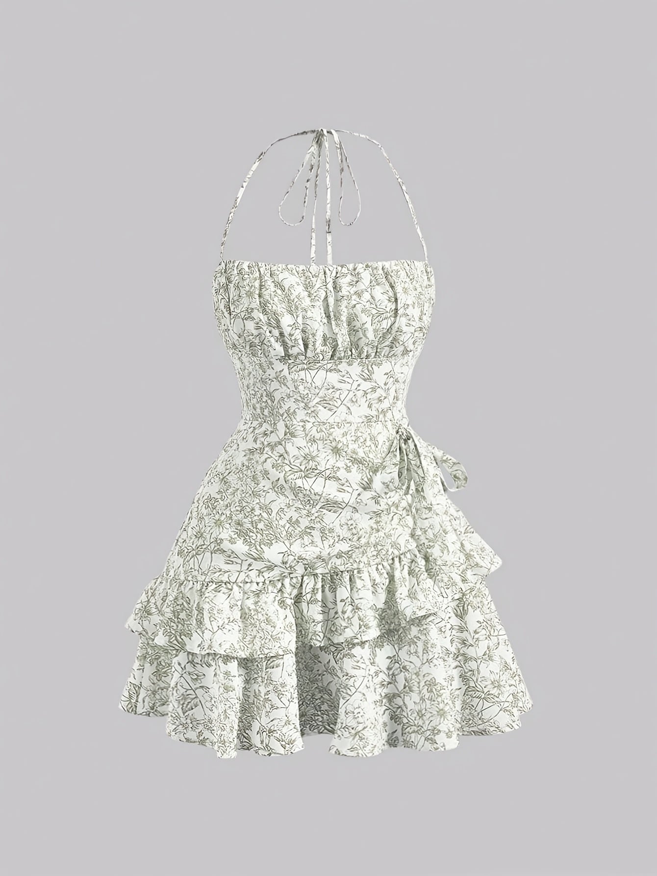 Women's Floral Print Halter Neck Dress - Pink & White Tiered Ruffled Skirt, Lightweight Summer Dress with Zipper Back, Machine Washable for Beach Vacations & Casual Outings, Beach Dress