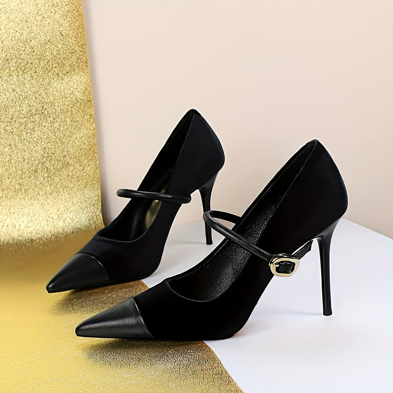 Women's Solid Color Stiletto Heels, Elegant Point Toe Dress Pumps, Fashion Buckle Strap Party Heels