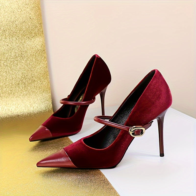 Women's Solid Color Stiletto Heels, Elegant Point Toe Dress Pumps, Fashion Buckle Strap Party Heels