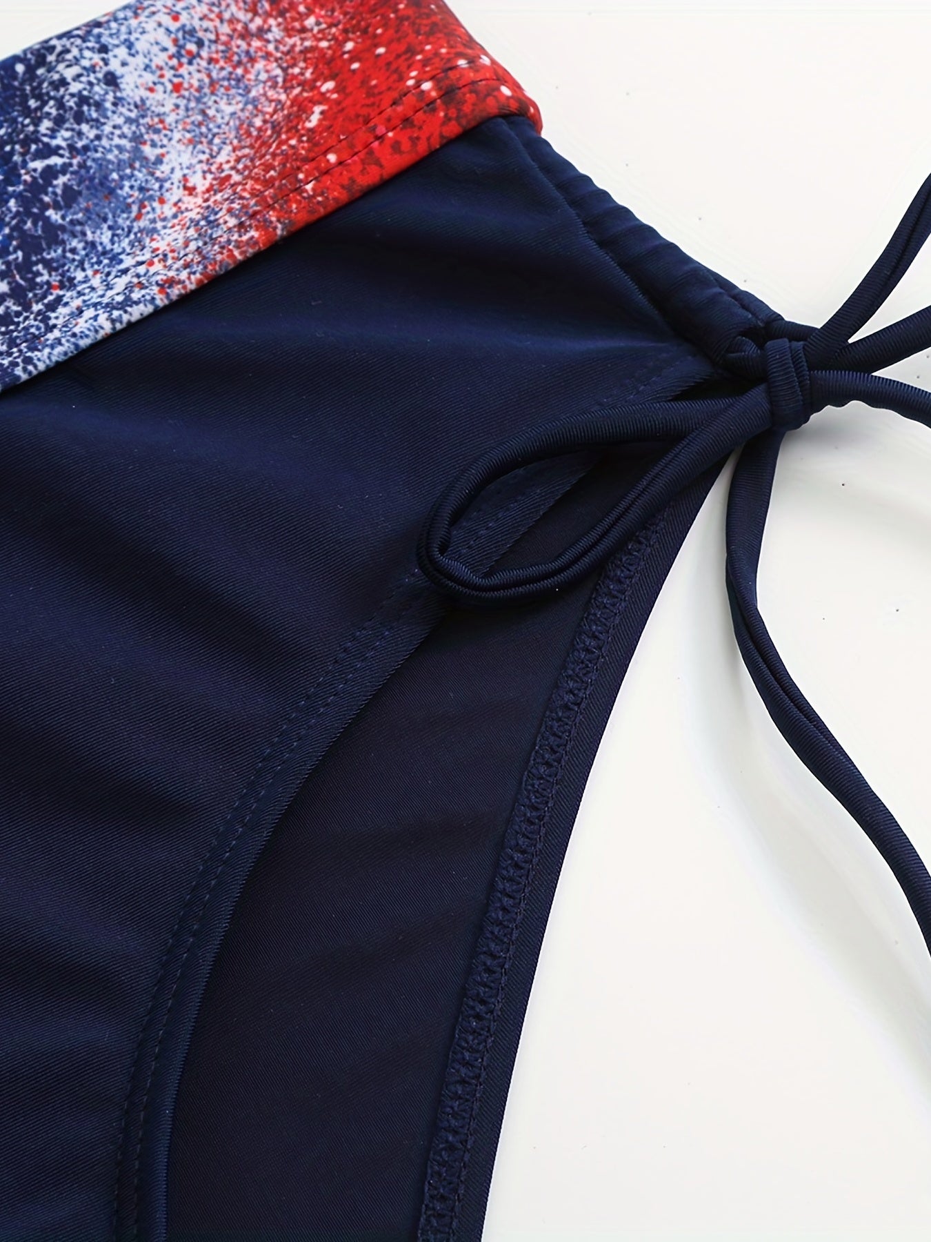 Patriotic Glitter Print Halter Neck Bikini Set, Long Sleeve Swimwear with Lace-up Detail, High Stretch Polyester & Spandex Knit Fabric, 195gsm Thickness, Conventional Bottom, American Flag Design for Swimming