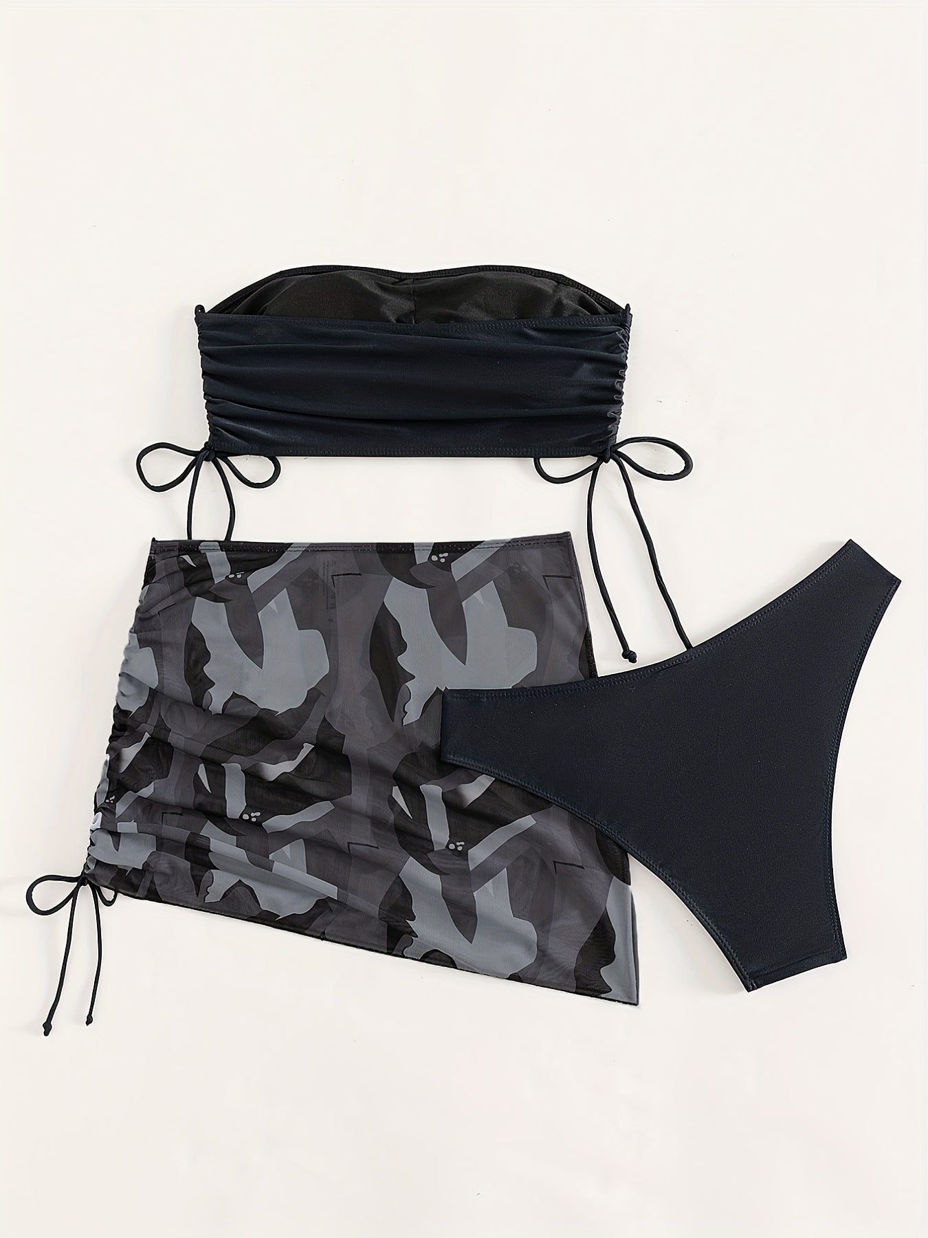 Black Solid Color Bikini Three-Piece Set with a Drawstring Sheer Skirt for Women