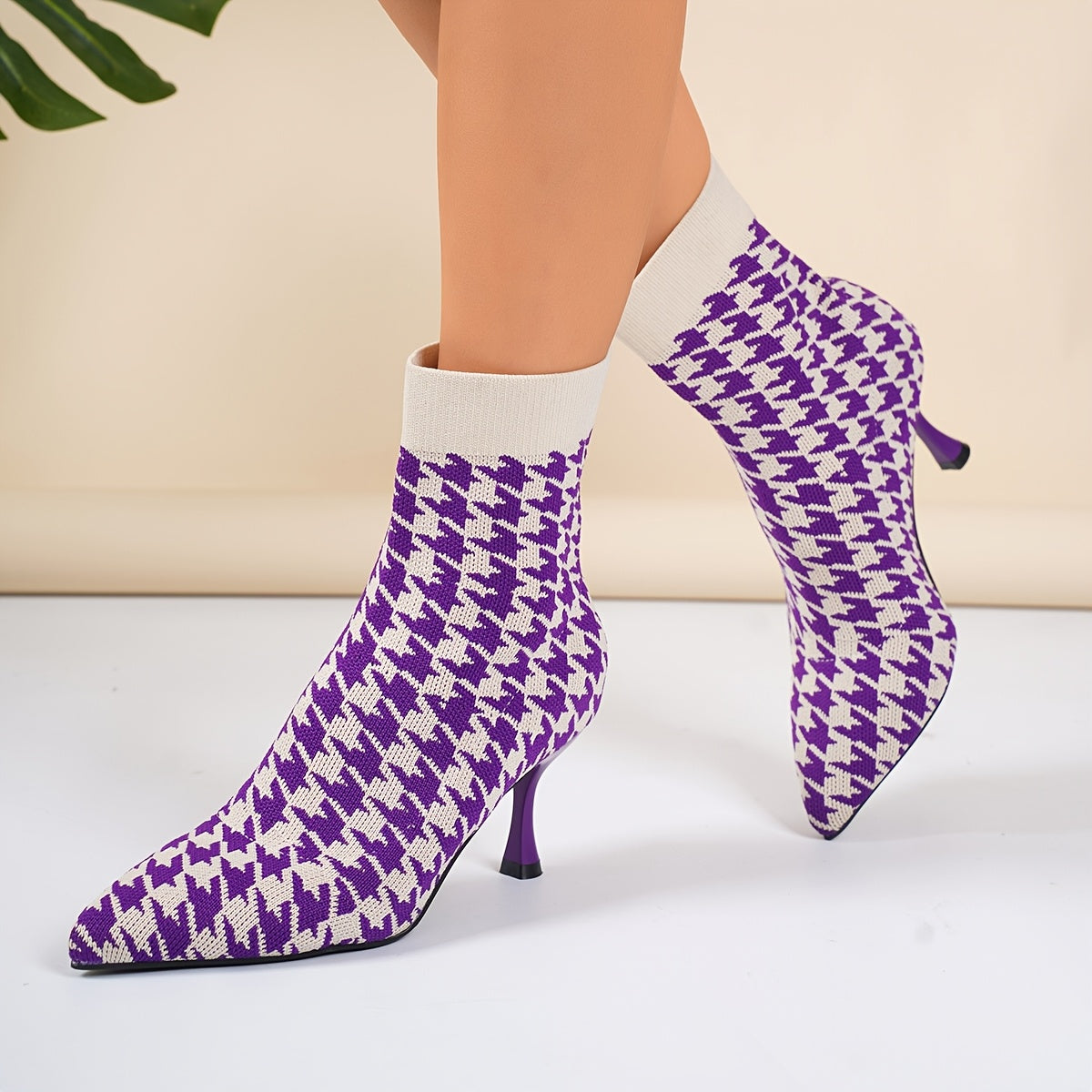 Women'S Elegant Houndstooth Sock Booties, Pointed Toe Stiletto High Heels, Slip-on Dress Boots for All Seasons, Comfortable Dress Footwear for Parties and Banquets
