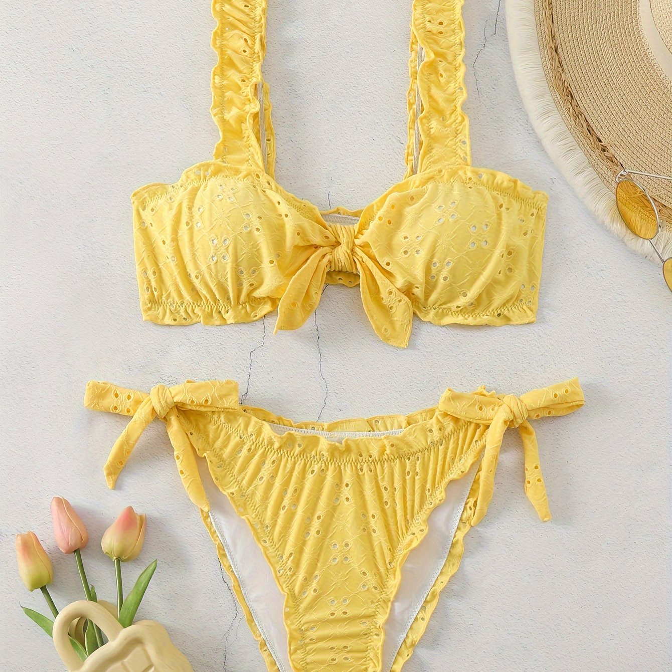 2 Piece Eyelet Embroidery Frill Stretchy Knot Bikini Set - Cute, Comfortable, and Chic Women's Swimwear with Plain White Color - Perfect for Beach, Pool, and Summer Vacation