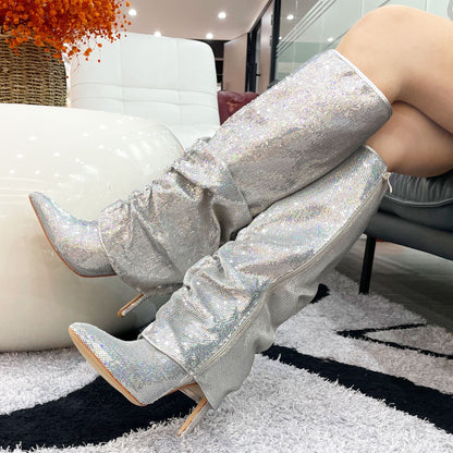 Metallic Fishnet Overlay Boots Knee High Boots Women Fold Over Knee High Boots Chunky High Heels Long Boots Zipper Pointed Toe Dress Tall Boots For Women