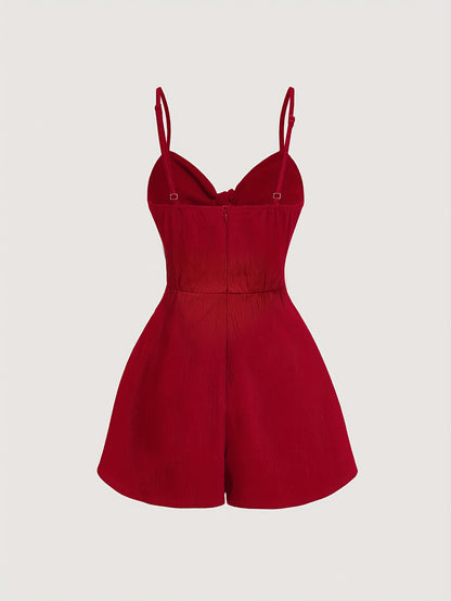Women's Elegant V-Neck Spaghetti Strap A-Line Dress with Bow Detail - Vibrant Red Short Sleeveless Summer Dress, Machine Washable Casual to Dressy Outfit, Spaghetti Suspender Dress