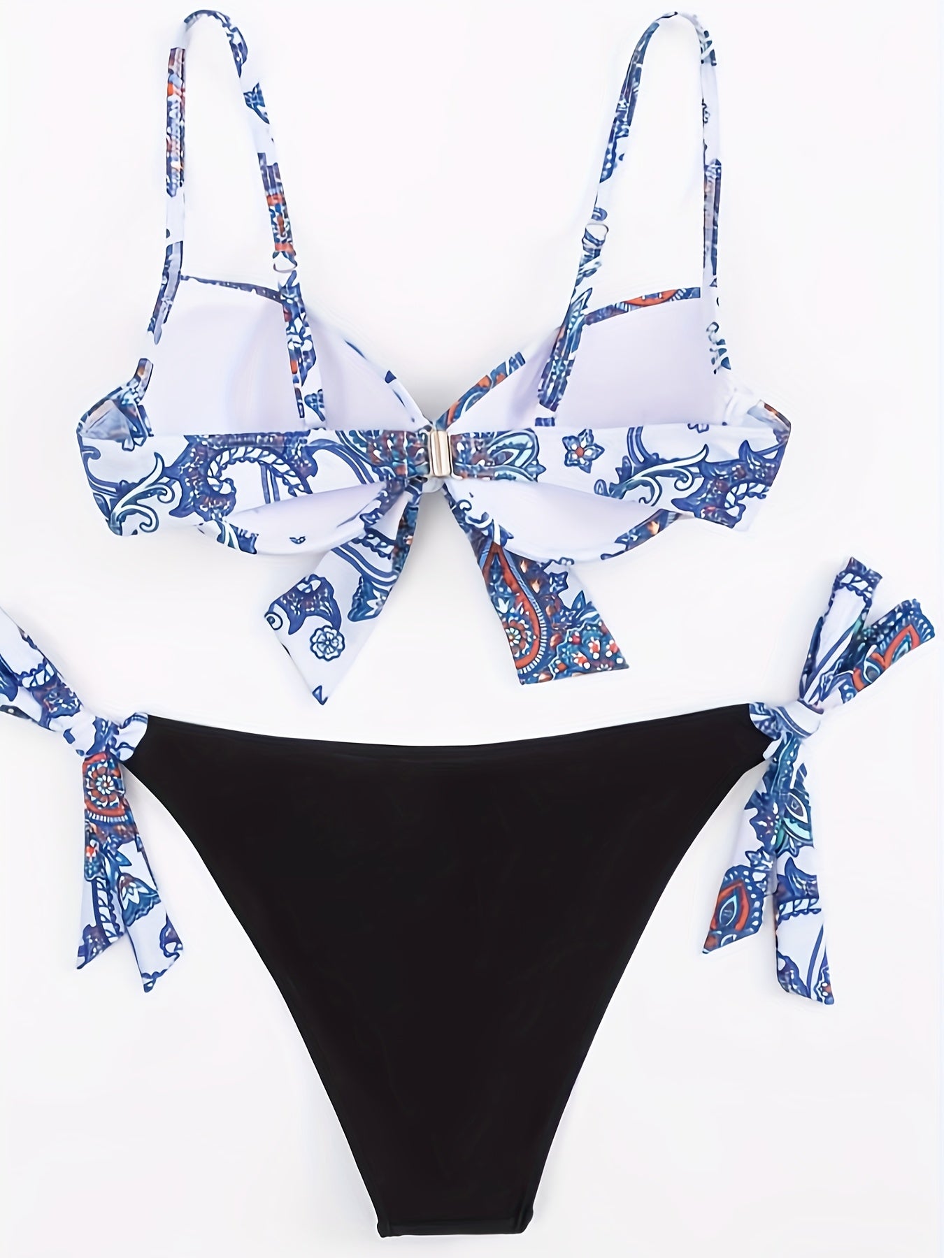 Blue Paisley Floral Print 2 Piece Set Bikini, Knot Front Spaghetti Strap Bow Tie Underwire Push Up Stretchy Swimsuits, Women's Swimwear & Clothing
