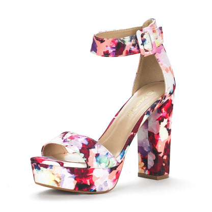 Women's Floral Print High Heel Sandals with Ankle Strap – Elegant Thick Heel Platform Pumps for Parties, Open Toe Design, Fabric Upper & TPR Sole, Hand Wash or Dry Clean, Elegant Sandals | Floral High Heels | Fabric Upper S