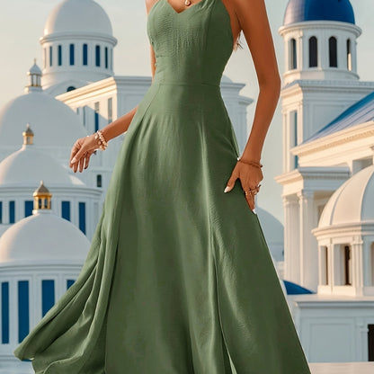 Women's Elegant Olive Green Cross-Strap A-Line Dress with High Slit & Flowy Train - Lightweight Machine-Washable Summer Dress for Beach Weddings, Evening Events, LL169, Beach Wedding Dresses for Bride, Evening Event Attire, S