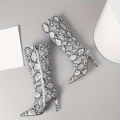 Women's Snakeskin Knee High Boots: Exquisite Pointed Toe, Fine High Heels, Pleated Design