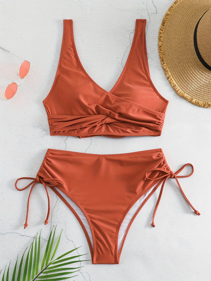 2 Piece Set Bikini - V Neck Criss Cross Straps, Tie Side, High Waist, Solid Color, Layered, Comfortable, Flattering, Women's Swimwear & Clothing for Beach Vacation