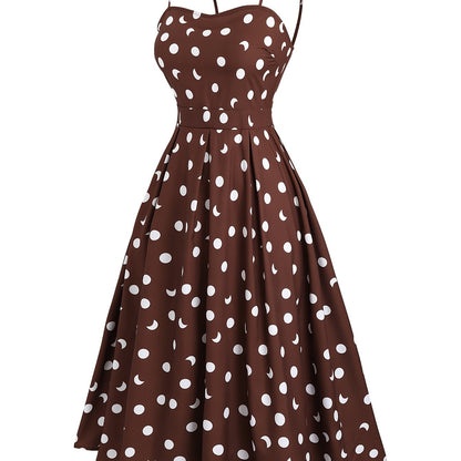 Plus Size Women's Elegant Off-Shoulder Polka Dot Midi Dress - Brown with White Circles, Flowy Skirt & Zipper Back, Machine Washable Summer Dress for Casual & Formal Occasions, Seasonal Fashion, Chic Style, Smooth Fabric, Styl