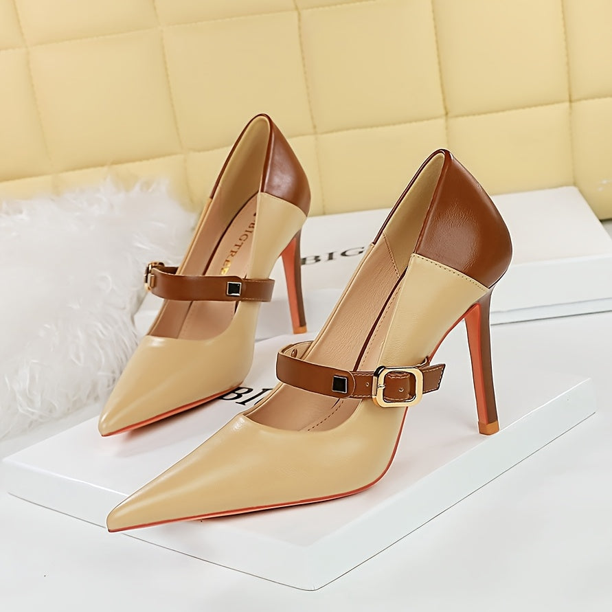 [Two-Tone Stiletto] Elegant Two-Tone Stiletto High Heels for Women | 1 Pair | PU, Rubber Sole | Pointed Toe, Ankle Strap | Versatile Season Footwear | Elegant