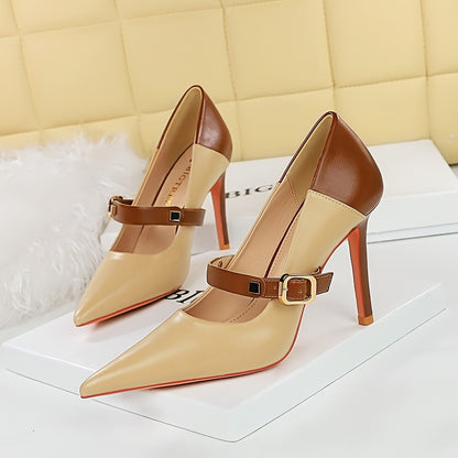 [Two-Tone Stiletto] Elegant Two-Tone Stiletto High Heels for Women | 1 Pair | PU, Rubber Sole | Pointed Toe, Ankle Strap | Versatile Season Footwear | Elegant