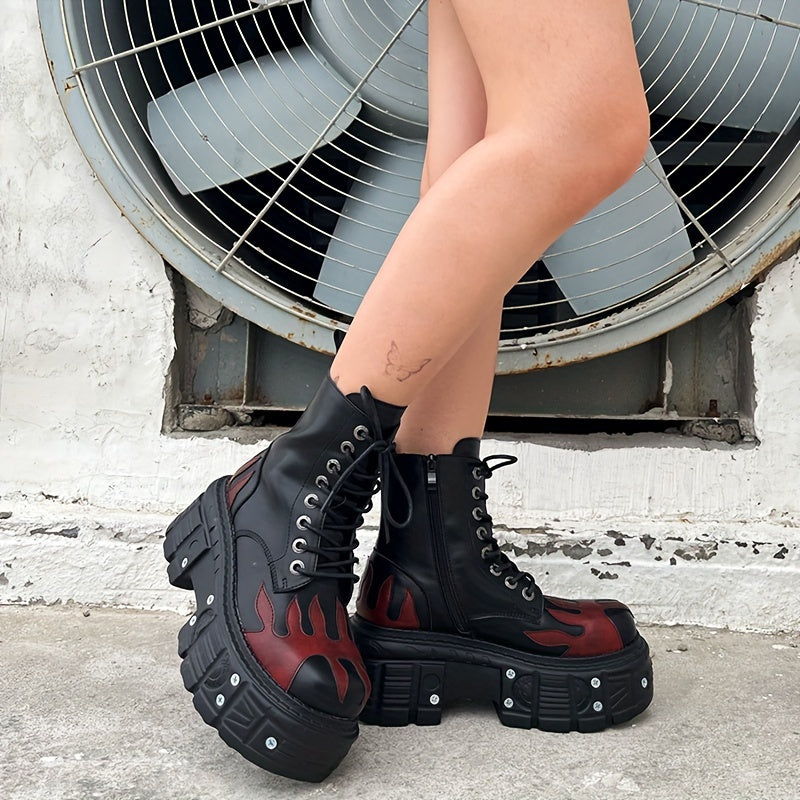 Halloween Women'S Flat Platform Ankle Boots Black High Heels Round Toe Thick Sole Mid Calf Booties Metal Decor Y2K Fashion Sports Shoes