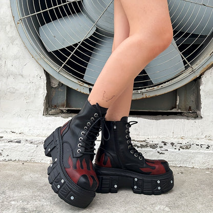 Halloween Women'S Flat Platform Ankle Boots Black High Heels Round Toe Thick Sole Mid Calf Booties Metal Decor Y2K Fashion Sports Shoes