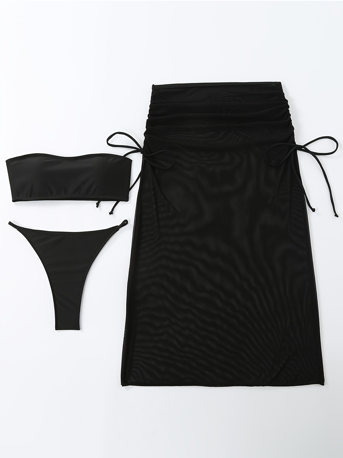 Plain Black Stretchy Elegant 3 Piece Set Swimsuits, Bandeau V String Bikini With Side Split Drawstring Mesh Cover Up Skirt, Women's Swimwear & Clothing Valentine's Day