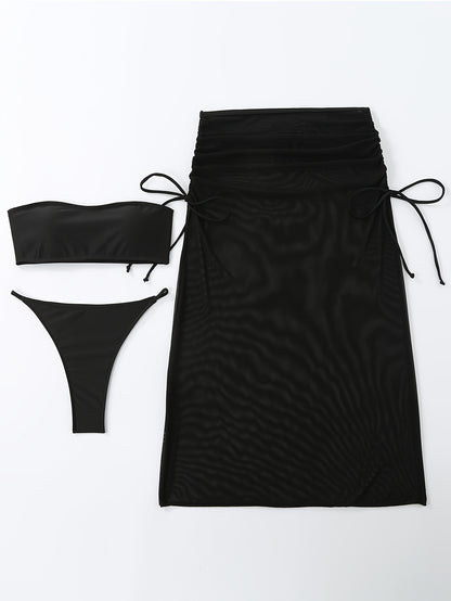 Plain Black Stretchy Elegant 3 Piece Set Swimsuits, Bandeau V String Bikini With Side Split Drawstring Mesh Cover Up Skirt, Women's Swimwear & Clothing Valentine's Day