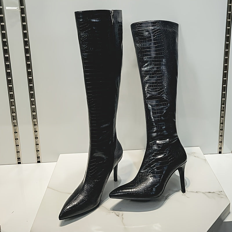 VIPMRSKING Women's Knee-High Boots - Sexy Glossy Croc-Embossed Stiletto Heels with Pointed Toe, Side Zipper Closure, Fabric Insole and Rubber Sole - Ultrahigh Heel Fashion Footwear from Huizhou