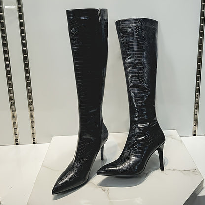 VIPMRSKING Women's Knee-High Boots - Sexy Glossy Croc-Embossed Stiletto Heels with Pointed Toe, Side Zipper Closure, Fabric Insole and Rubber Sole - Ultrahigh Heel Fashion Footwear from Huizhou