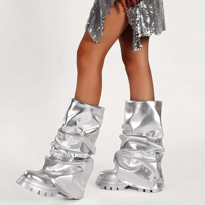 Women's Platform Knee High Boots Fashion Pleated Chunky High Heels Round Toe Fold Over Pull On Slouchy Shark Boots