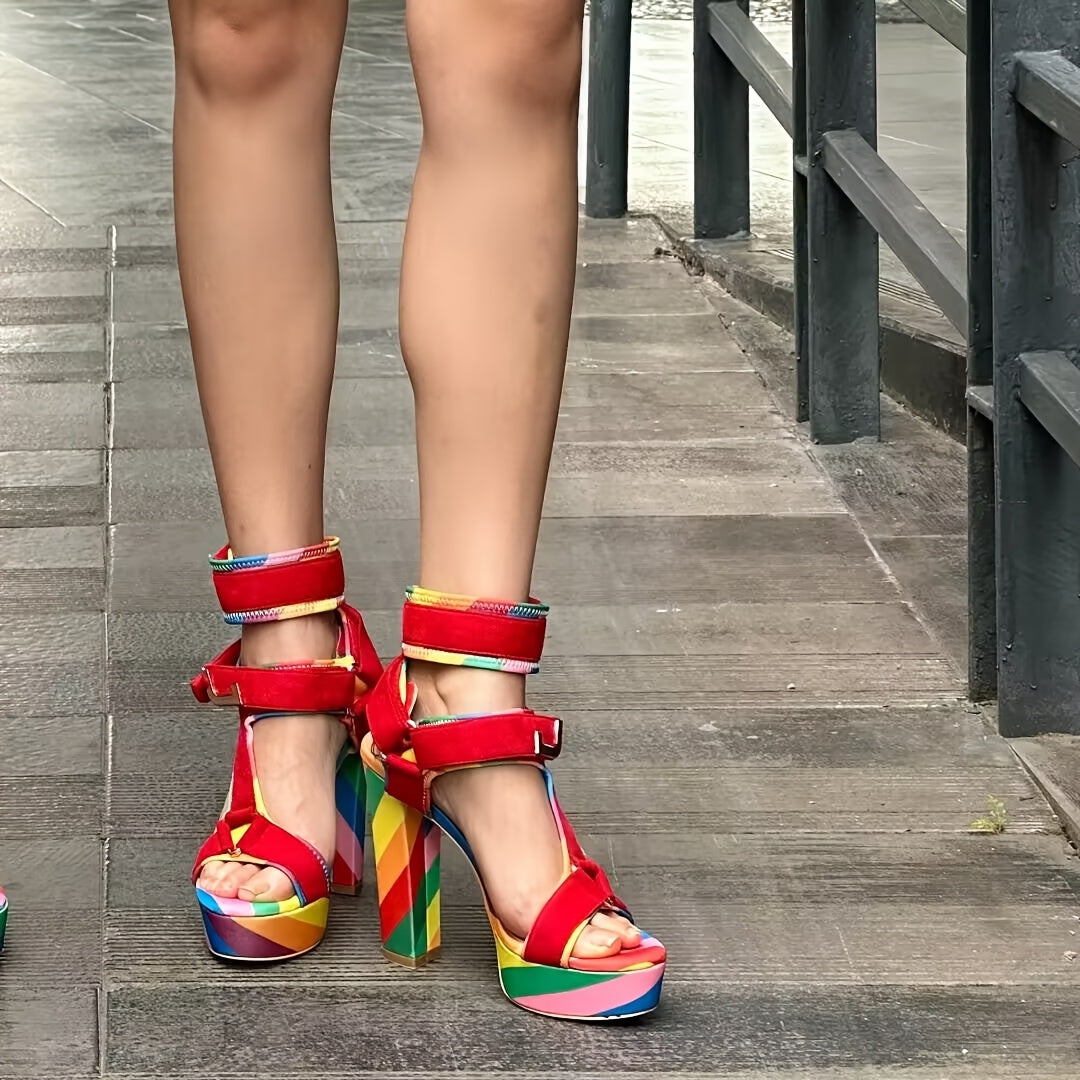 Chic Rainbow Platform High Heels for Women - Open Toe, Ankle Strap Wedge Sandals with Hook-and-loop Fastener Closure, Comfortable & Stylish for Prom, Weddings, and Summer Parties