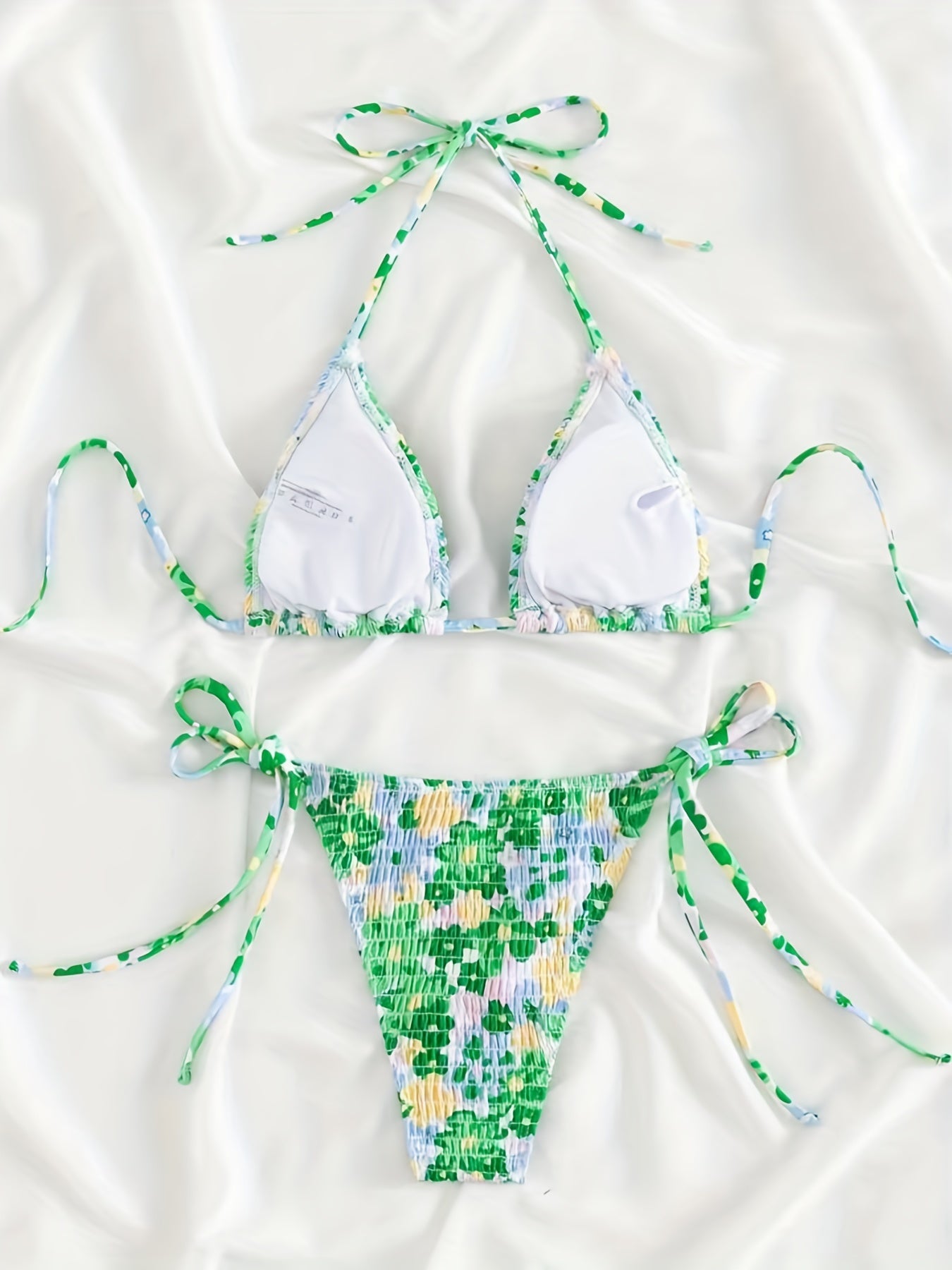 Floral Print Shirred Halter 2 Piece Set Bikini, Triangle Tie Strap Stretchy Swimsuits, Women's Swimwear & Clothing