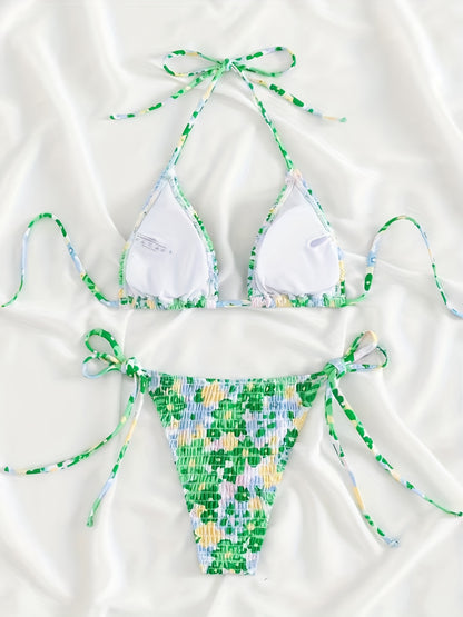 Floral Print Shirred Halter 2 Piece Set Bikini, Triangle Tie Strap Stretchy Swimsuits, Women's Swimwear & Clothing