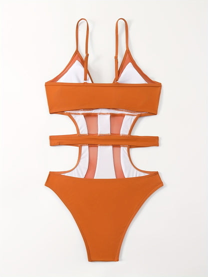 Solid Color Mesh Contrast Cut Out One Piece Swimsuit, V Neck Spaghetti Strap High Cut Stretchy Bathing Suits, Women's Swimwear & Clothing for Koningsdag/King's Day