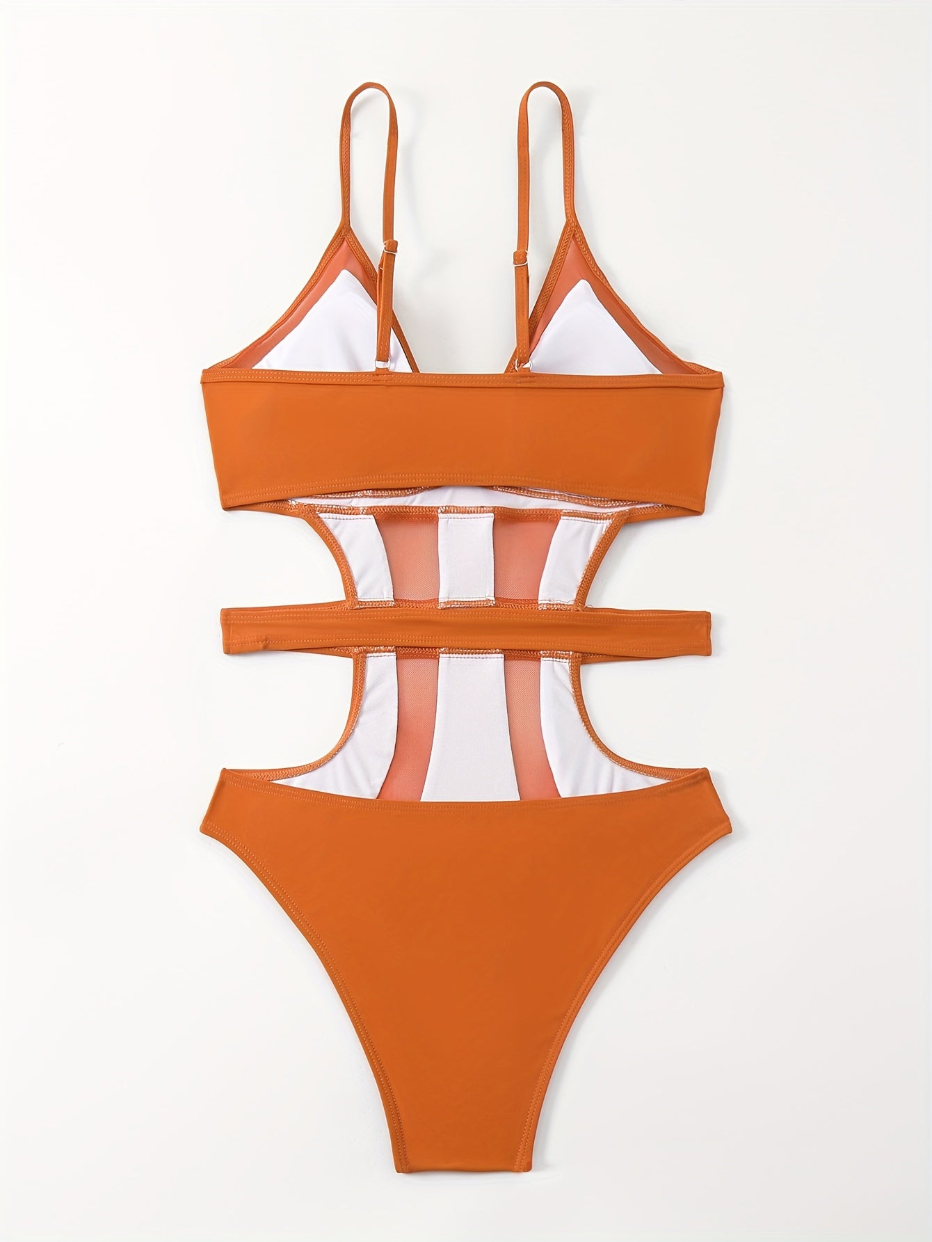 Solid Color Mesh Contrast Cut Out One Piece Swimsuit, V Neck Spaghetti Strap High Cut Stretchy Bathing Suits, Women's Swimwear & Clothing for Koningsdag/King's Day