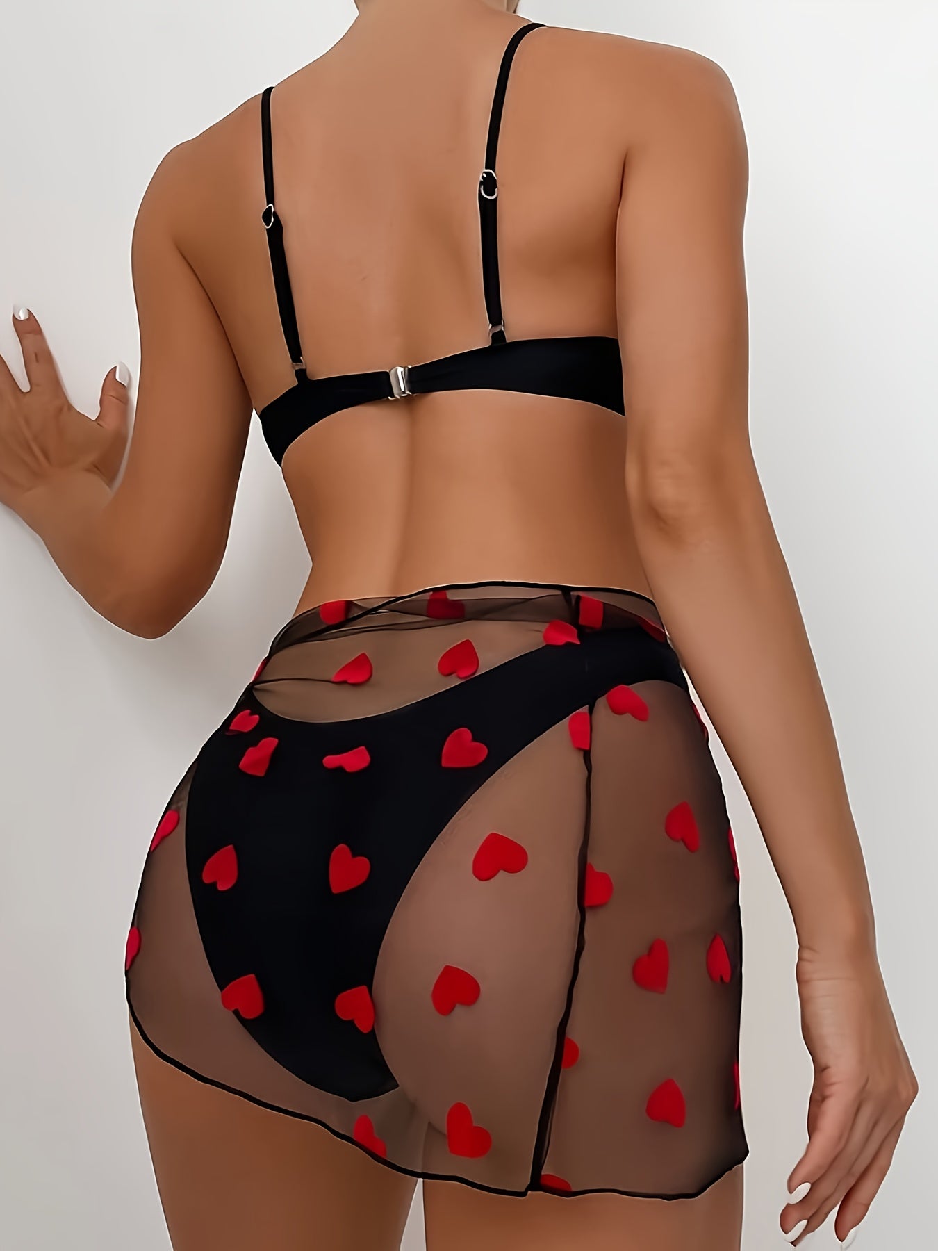 Romantic Heart Pattern Bikini Set - Flattering V Neck, Adjustable Back Buckle, High Cut Swimsuit with Sheer Mesh Skirt Cover Up - Stylish 3 Piece Womens Swimwear Ensemble