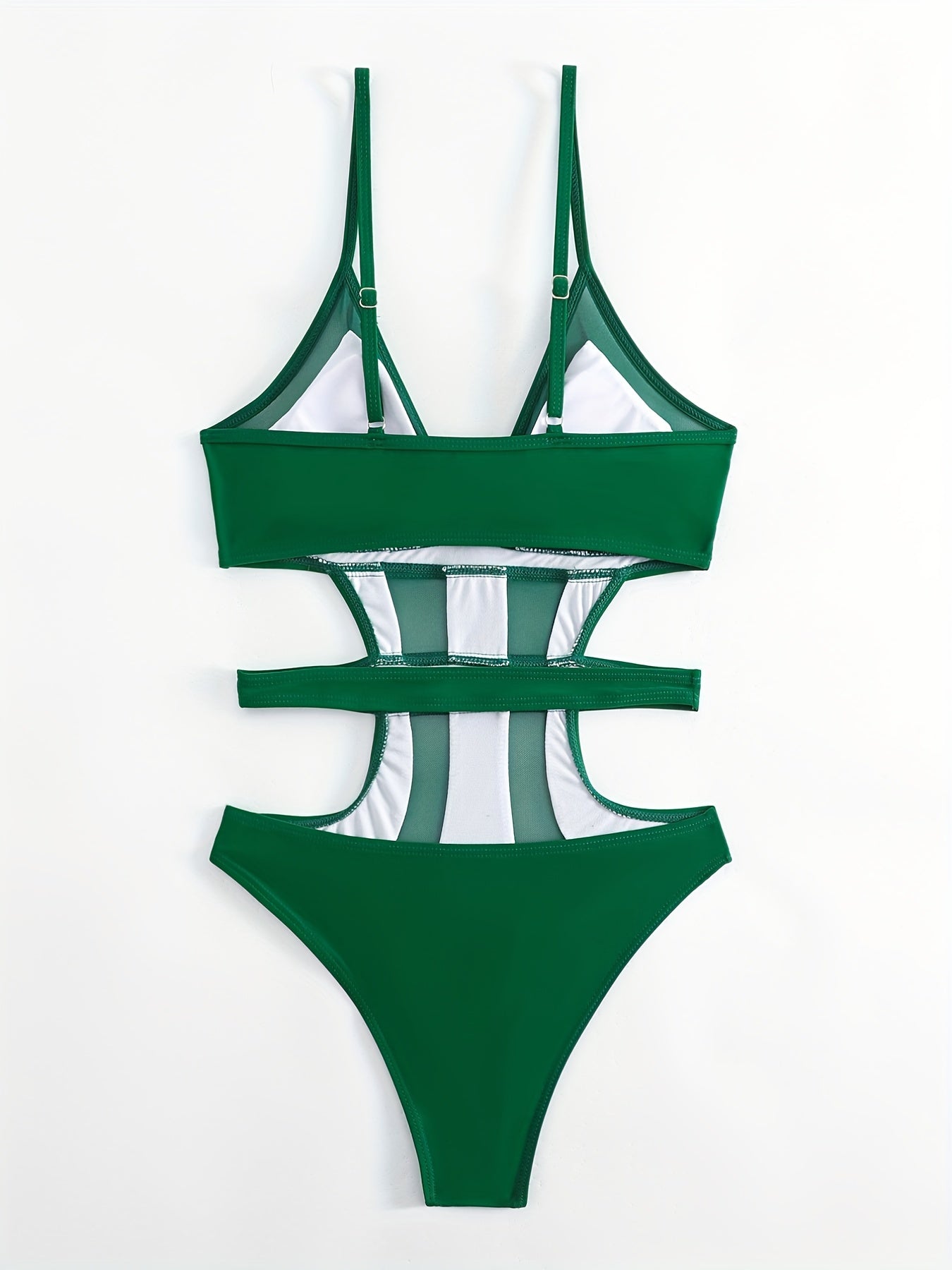 Solid Color Mesh Contrast Cut Out One Piece Swimsuit, V Neck Spaghetti Strap High Cut Stretchy Bathing Suits, Women's Swimwear & Clothing for Koningsdag/King's Day