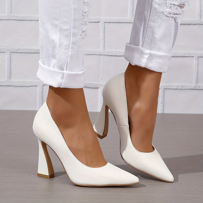 Women's Pointed Toe High Heels, Solid Color Slip On Chunky Flared Heels, Stylish Office Work Pumps