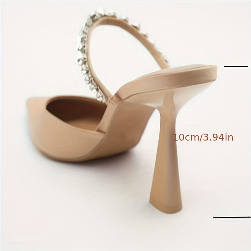 Women's Backless High Heels, Rhinestone Pointed Toe Slip On Stiletto, Elegant Banquet & Party Shoes
