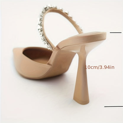 Women's Backless High Heels, Rhinestone Pointed Toe Slip On Stiletto, Elegant Banquet & Party Shoes