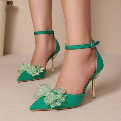 [Fabric Upper Faux Cover Heels] Elegant High Heels with Bow Detail - Comfortable, Lightweight, All-Season Pointed Toe Pumps in Solid Color, Fabric Upper, Faux Cover Insole & Lining, TPU Sole, Foreign Trade, Hollow