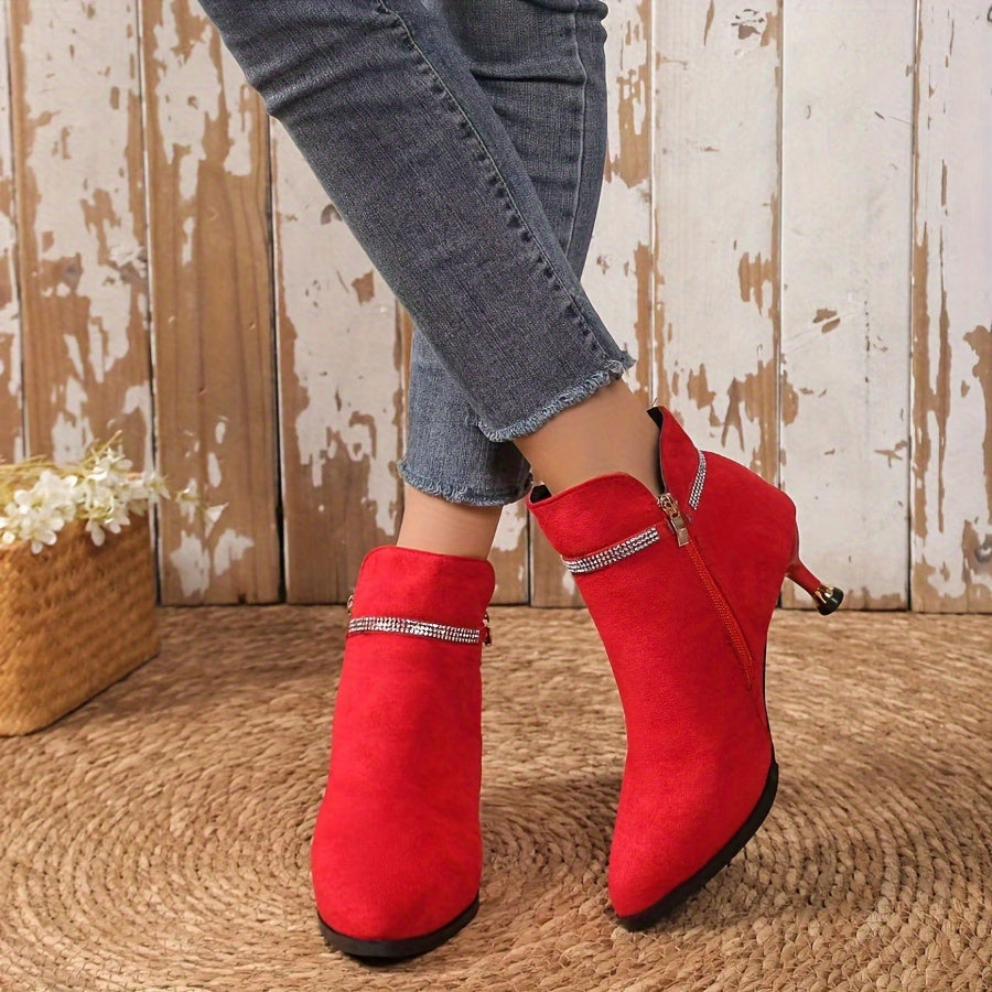 [Metal Buckle Ankle Boots] Velour Thick Pointed Mid-Heels Metal Buckle Ankle Boots - Autumn and Winter Fashion Women's Boots