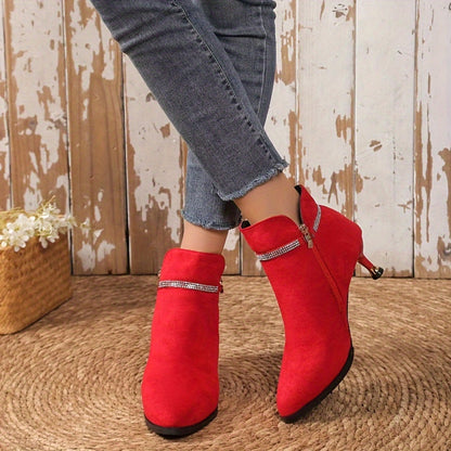 [Metal Buckle Ankle Boots] Velour Thick Pointed Mid-Heels Metal Buckle Ankle Boots - Autumn and Winter Fashion Women's Boots