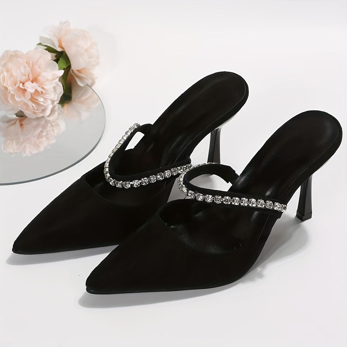 Women's Backless High Heels, Rhinestone Pointed Toe Slip On Stiletto, Elegant Banquet & Party Shoes