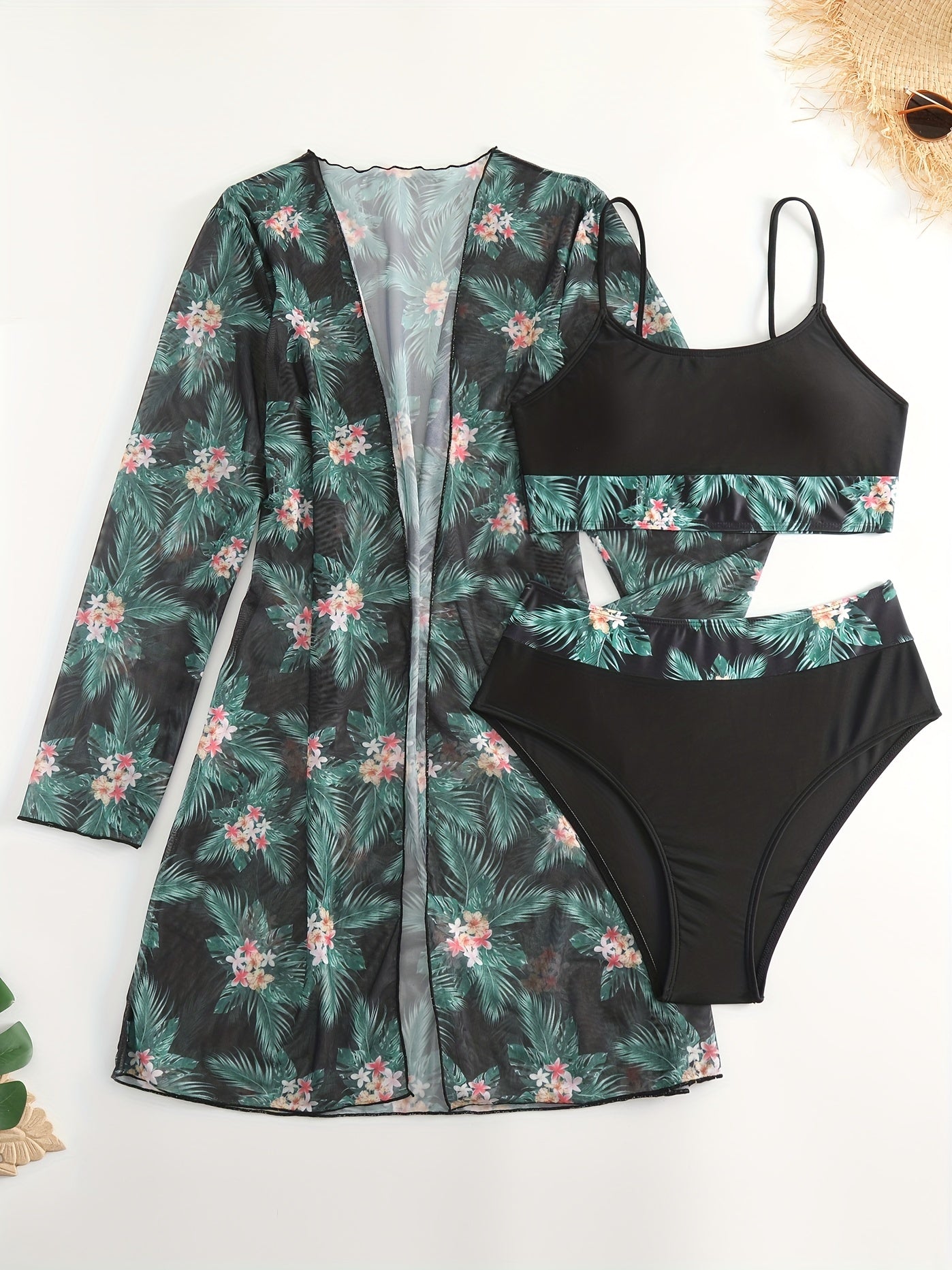 Tropical Elegance: High-Stretch 3-Piece Bikini Set with Crew Neck Cover-Up, Perfect for Casual Chic