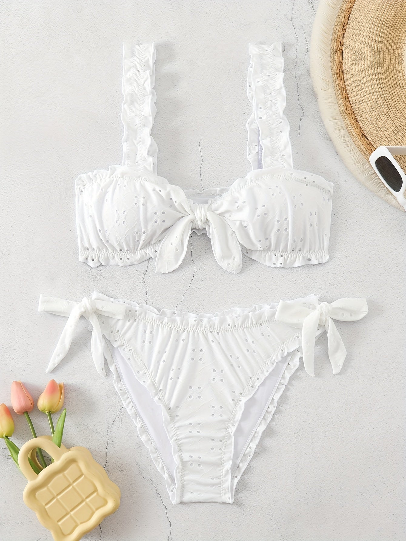 2 Piece Eyelet Embroidery Frill Stretchy Knot Bikini Set - Cute, Comfortable, and Chic Women's Swimwear with Plain White Color - Perfect for Beach, Pool, and Summer Vacation